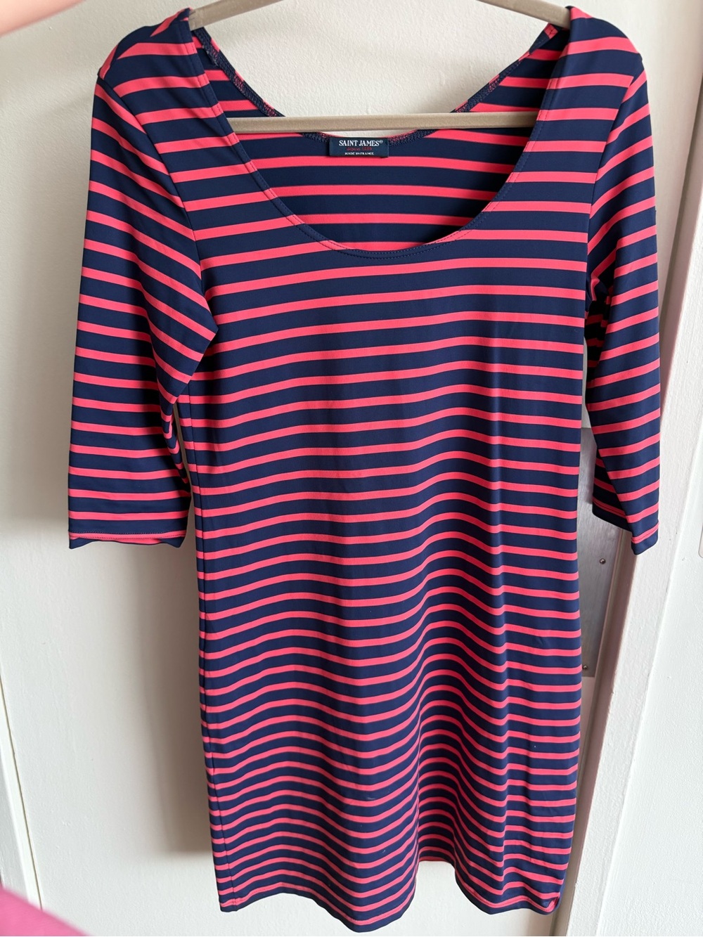 Saint James Navy and Pink Striped Long Sleeve Boatneck Dress